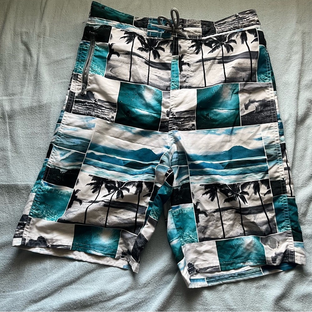 Hollister Tropical Print Board Shorts - Teal and Black